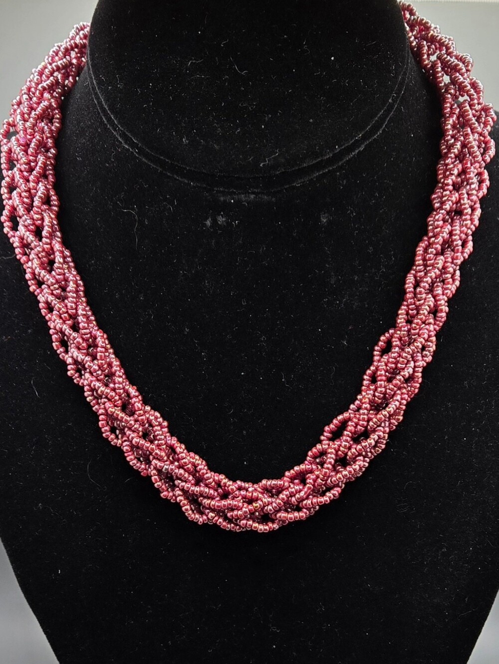 Woven Seed Bead Necklace with Silver Tone Rose Tongue Clasp 15" Long